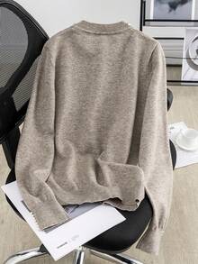 GIGOGOU Áo len dài tay ấm áp đính hạt thời trang cho nữ mùa thu đông, quần áo len giản dị cơ bản, quần áo mùa thu sang trọng - Màu Khaki - Xem 3