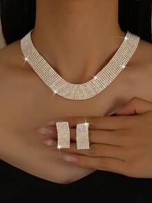 3pcs/Set Women's Luxury Rhinestone Necklace, Earrings Jewelry Set, Elegant Valentine's Day Accessories - Gold - View 2