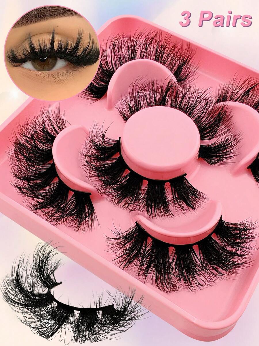 3 Pairs Full False Eyelashes Super Fluffy Volumized Eyelashes Dramatic Look 3D Wispy Faux Mink Lashes