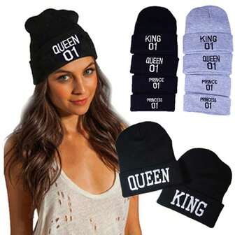 1pc Queen/King Black Couple Warm Knit Beanie Hat Without Brim
