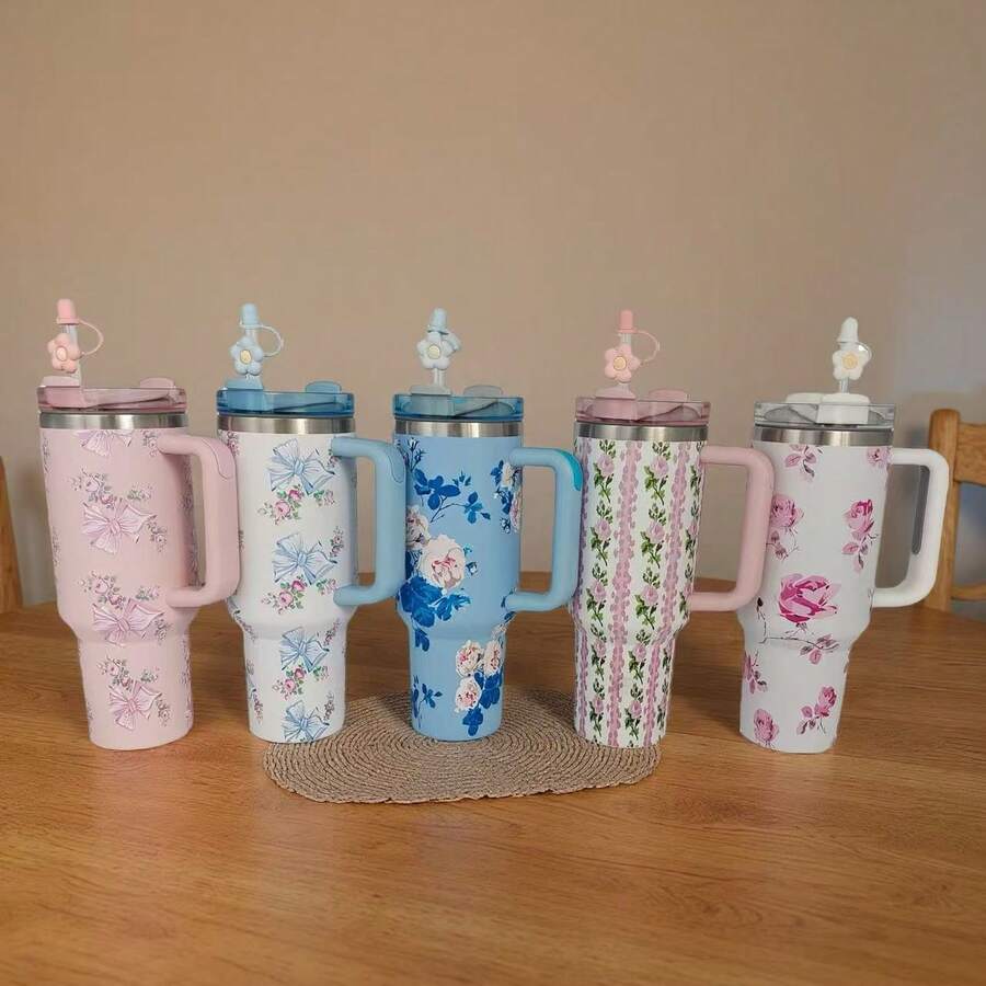 1pc,40 Oz H2.0 Cup,Camping Full Body Floral Pattern, 40oz Cup Stainless Steel Vacuum Insulated Tumbler With Lid And Straw For Water, Iced Tea Or Coffee, Smoothie And More, 40oz Reusable Double Walled Vacuum Insulated Stainless Steel Water Bottle With Handle For Outdoor Activities, ,  For Camping, Hiking, Can A Gift For Friends And Relatives - 40oz繁花粉 - 查看 1