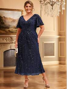 EVERPRETTY Plus Size Women's Elegant V-Neck Short Sleeve Navy Blue Sequin Mermaid Maxi Dress, Suitable For Evening Party, Wedding Guest, Formal Occasion Spring - Navy Blue - View 2