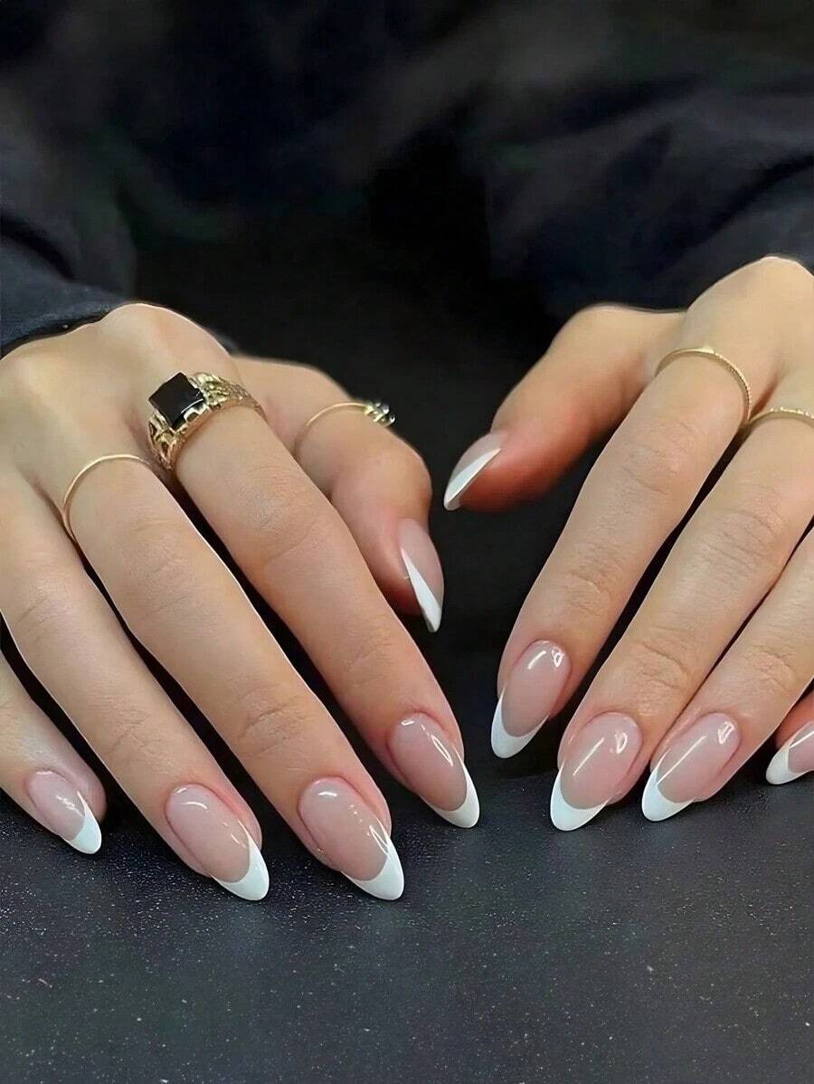 24pcs Medium Almond Shaped White Edged Press-On Nails, Minimalist Style, Elegant & Fashionable, Glossy Finish, Full Coverage, Suitable For Women & Girls For Daily Wear And Workplace, Nail Art Accessories OD45 - 多色 5 - 查看 1