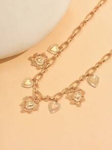 1pc Minimalist Luxury Heart Pendant Necklace, Personalized Metal Textured Thick Chain Tassel Choker, Suitable For Daily Wear, Music Festivals, Parties. Chain Length Can Be Customized. - Multicolor - View 3