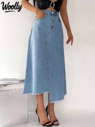 宽松口袋拼布磨边下摆休闲牛仔迷你裙