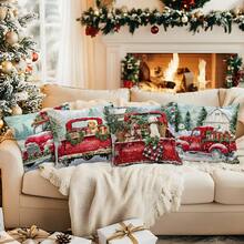 1pc Christmas Vintage Red Truck Pattern Pillow Cover, Single-Sided Printed Cushion Cover, Suitable For Living Room, Bedroom, Home Decor, All Season - Multicolor - View 6
