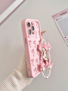 Bowknot Painted Concave Pink Precision Hole Bowknot Faux Pearl Bracelet, Fashionable Thick Precision Hole Simple Anti-Drop Thick Phone Protective Case Printed Compatible With Iphone 17/17 Pro/17 Pro Max/16/16 Pro/16 Pro Max/16 Plus/15 XR/7/8 15 Pro Max/12 Pro Max/13 Pro Max/14 Pro Max 13 14 11 12 P14 Women P11 Soft Shell P12 Anti-Drop XS.XR/78P.78GES2, Phone Case Protective Cover - Multicolor - View 6