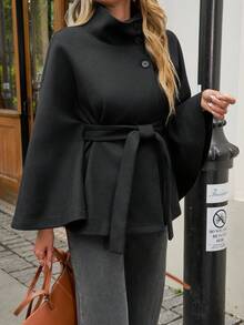 Chaqueta corta de lana de mujer de unicolor elegante para uso diario, con cuello alto, cintura ceñida, cinturón de unicolor, cierre con botones delanteros