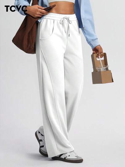 TCVC 女士休闲高腰抽绳宽松直筒运动裤，高弹力腰带配抽绳，宽松舒适，适合运动、上学、休闲穿着，秋冬季紧身裤