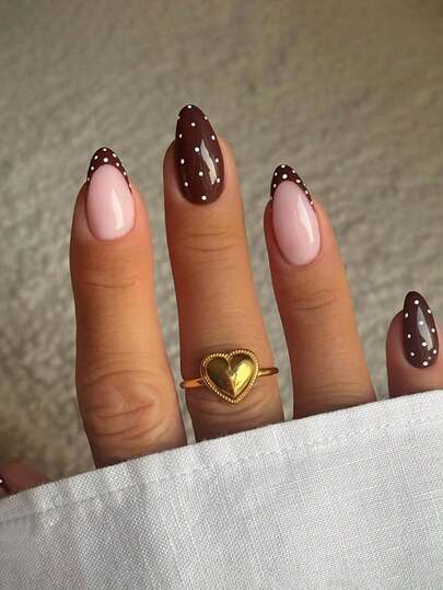 24pcs Almond-Shaped French Brown Polka Dot Full Coverage Press-On Nails, Nail Art Kit Includes 1pc Gel Polish And 1pc Nail File, Suitable For All Women And Girls For Daily Wear, Festivals, Autumn/Winter