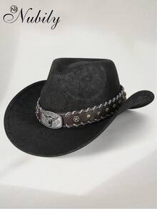 Sombrero unisex bohemio de vaquero - Sombrero vaquero vintage occidental con decoración de cabeza de ganado y cinturón, Panamá de fieltro suave hecho a mano, ala ancha, retro para fiestas