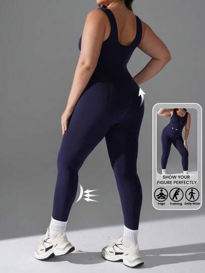 1pc Plus Size Women Solid Color Seamless Bodysuit, Curve Shaping Yoga Jumpsuit, Comfortable Casual Detachable Cup Sports Bodysuit, Suitable For Sports, Yoga And Workout