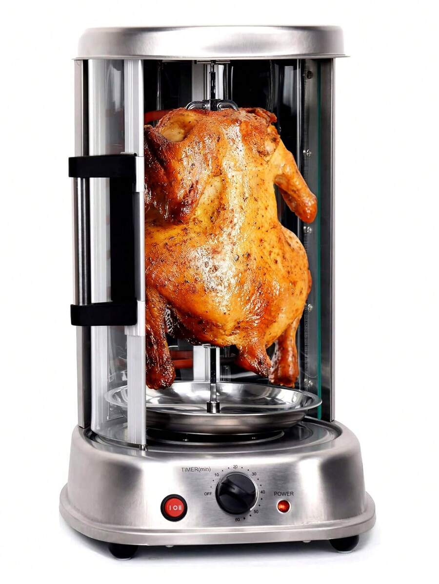 Rosticero eléctrico giratorio con accesorios ideal para hacer pollos y brochetas - Plateado - Ver 1