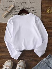 1pc Tween Girls Casual Cool Graphic Print Crew Neck Long Sleeve T-Shirt, Loose & Comfortable, Autumn Student Youth Clothing - White - View 2