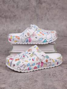 pueenb Women's Fashion Cartoon Print Closed Toe Shoes, Wooden Clog-Style All-Season Work Shoes, Lightweight Flat Perforated Shoes, Comfortable Soft Soles, Adjustable Buckle Closure, Closed Toe, Suitable For Beach, Garden And Autumn Wear - White - View 7