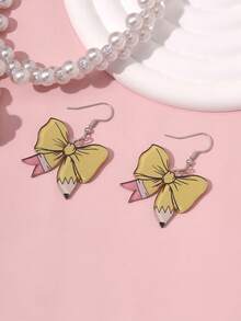 A Pair Of Teacher's Day Pencil Element Bowknot Shaped Acrylic Women's Earrings Suitable For The Back To School Season And The Beginning Of The School Season, Jewelry Gifts