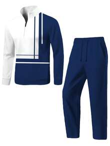 Autumn/Winter New Men's Stand-Up Collar Half-Zip Suit Geometric Pattern Splicing Hoodie   Casual Long Pants Two-Piece Sporty Street Style Suit, Men's Clothing, Men's Suit.  Striped    Spring/Fall    Regular Fit    Pocket  Zipper    Going Out  Daily - 藍色 - 查看 2