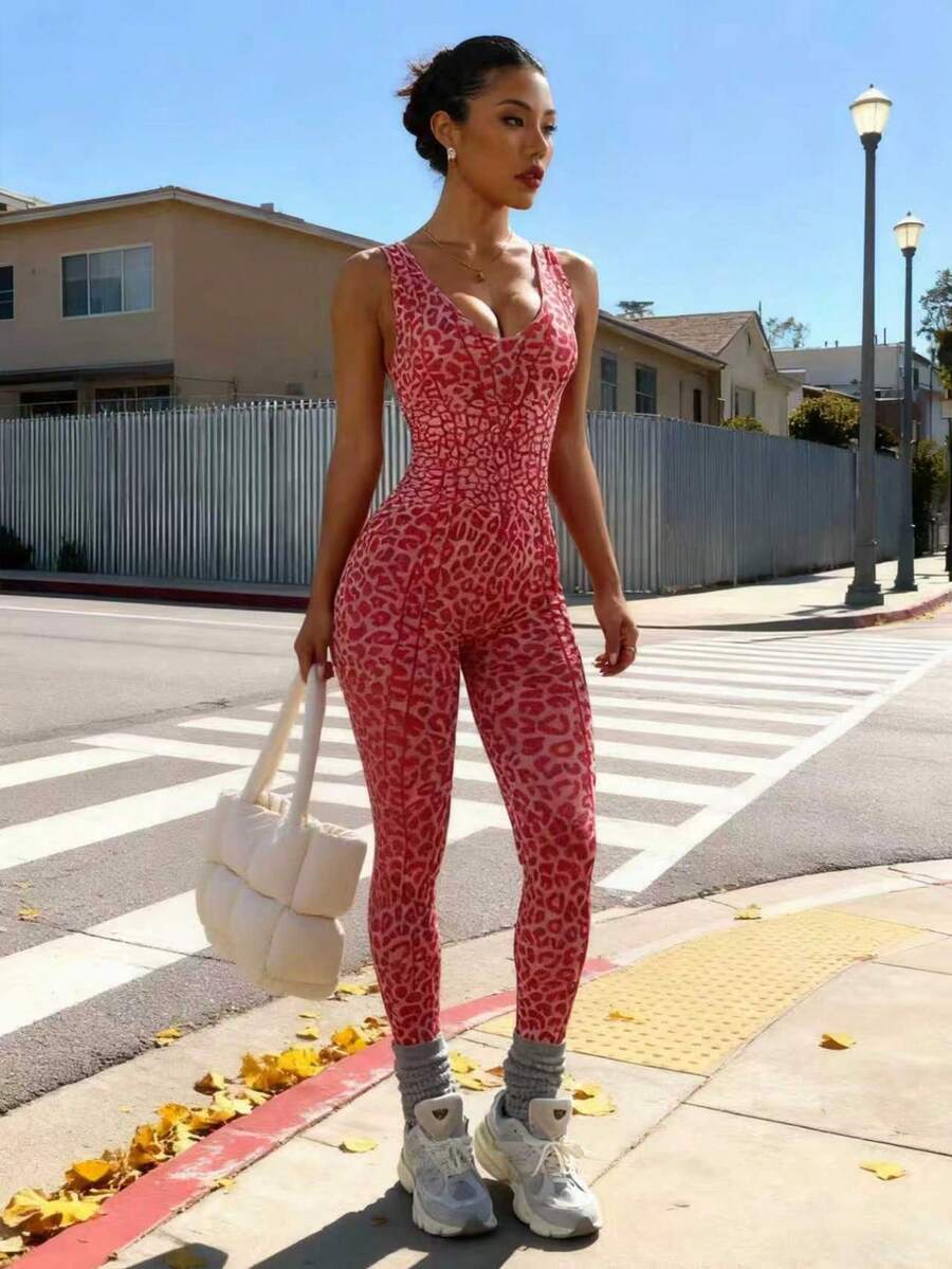 1 件豹纹露背可拆卸垫腰塑身女式连体衣 - 紅色 - 查看 1