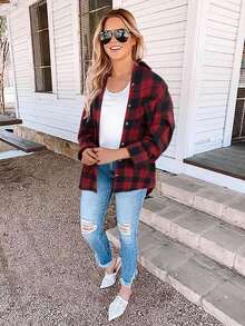 Womens Casual Plaid Flannel Shirt Long Sleeve Button-Front Collared - 紅色 - 查看 2