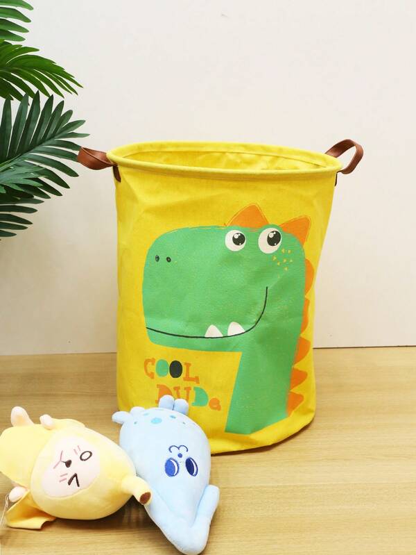 سلة غسيل كبيرة السعة قابلة للطي بطباعة ديناصور، حقيبة تخزين الملابس القذرة، سلة تخزين ديكور المنزل، قماش أصفر مع مقبض من الجلد، سلة تخزين لعب بطباعة كرتونية