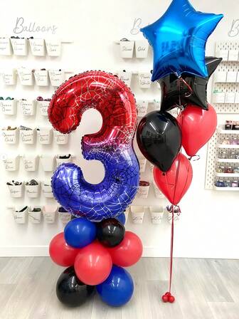 1 件 - 巨型蜘蛛主题数字气球，40 英寸渐变红蓝铝箔气球，带蜘蛛网印花设计，适合蜘蛛英雄主题生日派对、男孩生日装饰、超级英雄派对、庆祝活动装饰、照片背景（数字 0-9）