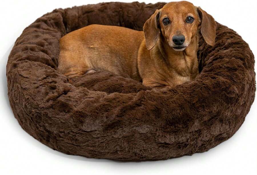Best Friends By Sheri Original Calming Donut Dog And Cat Bed, Lux Faux Fur, Dark Brown, (23in X 23in) - Anxiety Relief For Pets Up To 25 Lbs,24223620 - 薑色 - 查看 1