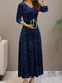 Floral Pattern V-Neck Velvet Dress, Elegant Long Sleeve Swing Dress For Spring Vacation - Blue - View 3