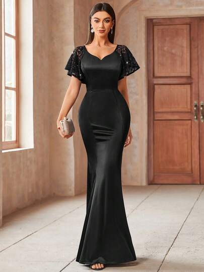 MIUSOL Elegant Paljett Spets Hjärtformad Urringning Volangärm Satin Sjöjungfru Fåll Formell Fest Maxi Klänning Åtsittande Bröllop Svart Vår