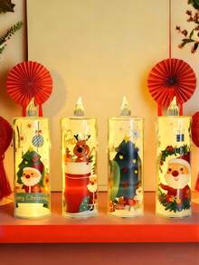 4 piezas de luces de vela electrónicas LED navideñas, luces nocturnas sin llama de Papá Noel, decoración de escena, mini farol de vela navideña con muñeco de nieve y Papá Noel, vela electrónica con patrón de cristal acrílico con batería, velas navideñas y silenciosas (batería incluida), adecuadas para decoración del hogar, luces de ambiente para fiestas de cumpleaños y vacaciones