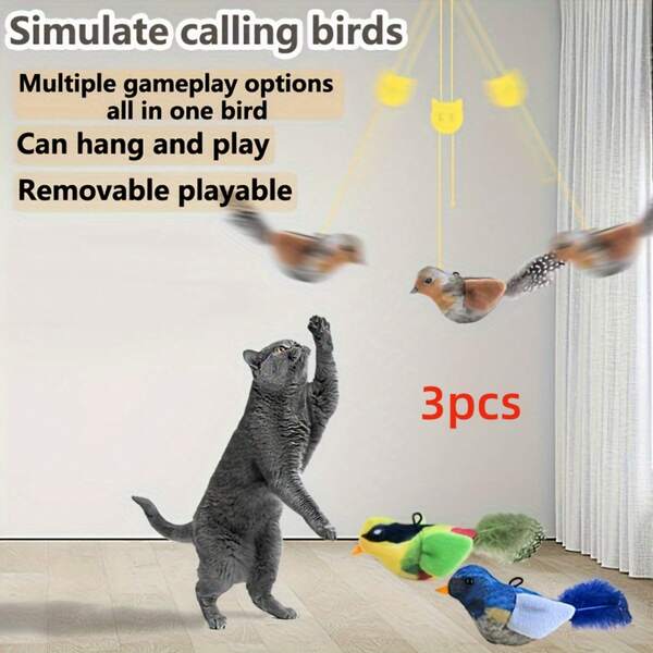 1/3 Stücke Vogelförmiges Katzenspielzeug - Keine Batterie erforderlich, Tierdruck Stoff mit künstlichen Federn für interaktives Spiel, geeignet für alle Katzenrassen und -größen