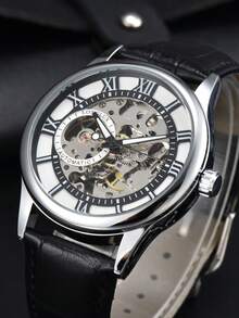 LONGLUX 1 pieza Reloj de hombre con correa impermeable, movimiento mecánico automático hueco, números romanos, regalo para ocasiones especiales - Negro - Ver 4