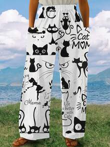 秋冬季时尚休闲度假风优雅女士多功能修身户外、居家、旅行、工作裤 - 1条猫咪印花贴袋裤，弹性腰带阔腿设计，透气轻盈，适合所有季节。 - 黑與白 - 查看 5
