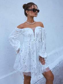 Joyfunear Đầm dạ hội trễ vai tay dài tua rua và sequin dành cho nữ, phù hợp cho mùa xuân, hè, thu, đông - trắng - Xem 8