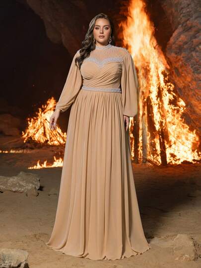 Women's Plus Size Mandarin Collar Formal Evening Gown With Crystal Rhinestone And Pearl Embellishments, Elegant A-Line Skirt, And Flattering Fit For Black-Tie Galas, Grand Banquets, Opera Evenings, Wine Receptions, And Philanthropic Balls