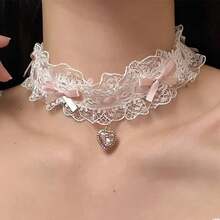 Y2K Cute Bow And Heart Choker Necklace - Glass Bead Lace Detail, Black And White Contrast, Lightweight Polyester Fiber Jewelry, Valentine's Day, Birthday Gift, Daily And Party Wear - 粉色 - 查看 2