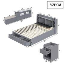 Solid Wood Combo Bed 140*200cm, Headboard With Built-In Storage Compartment, With Drawers, With Bedside Table, With Storage Cupboard, With Sofa Bench, Storage Bed Double Bed Storage Bed Tatami Bed, Grey