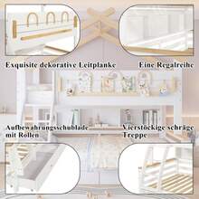 Beliche, duas gavetas com rodízios, corrimão decorativo requintado e design de telhado, escada inclinada de quatro andares, pinho + MDF, branco + natural, 90x200cm e 120x200cm