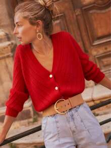 Solid Color Cardigan Long Sleeve Knit Top Sweater Jacket, Autumn/Winter - Red - View 1