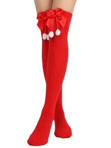 1 双女童青少年蝴蝶结圣诞袜、绒球过膝袜、圣诞条纹过膝袜 - 彩色 - 查看 12