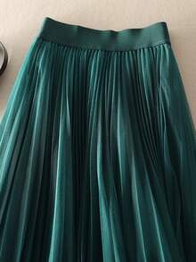 LuminousWealth 女士优雅褶裥网纱 A 字裙，适合休闲或办公场合穿着，简约优雅 | 涤纶网纱裙，四季皆宜，非常适合新年、派对等场合 - 綠色 - 查看 2