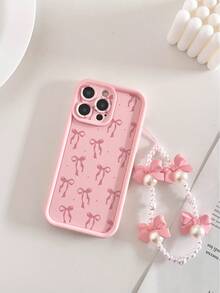 Bowknot Painted Concave Pink Precision Hole Bowknot Faux Pearl Bracelet, Fashionable Thick Precision Hole Simple Anti-Drop Thick Phone Protective Case Printed Compatible With Iphone 17/17 Pro/17 Pro Max/16/16 Pro/16 Pro Max/16 Plus/15 XR/7/8 15 Pro Max/12 Pro Max/13 Pro Max/14 Pro Max 13 14 11 12 P14 Women P11 Soft Shell P12 Anti-Drop XS.XR/78P.78GES2, Phone Case Protective Cover - Multicolor - View 2