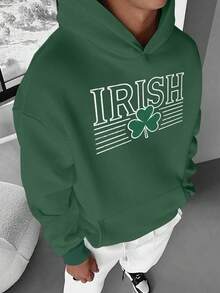 Grand sweat-shirt à capuche pour hommes avec un design en lettres audacieuses du trèfle irlandais - Noir - Voir 11