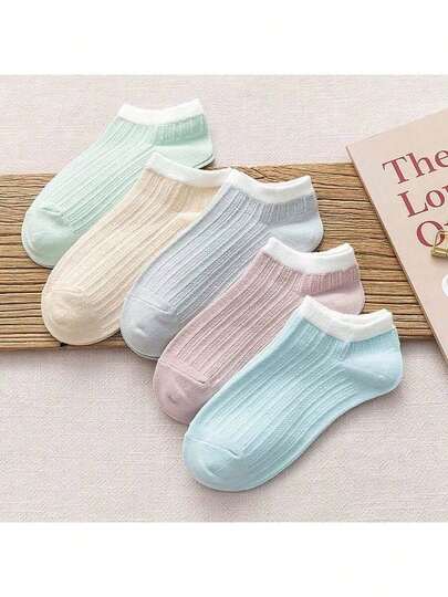 5 Pairs Women's Solid Color Ankle Socks, Low-Cut Breathable Sweat-Absorbent Short Socks, Solid Color Low-Cut Ankle Socks Combo Set, Spring/Summer