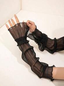 1pair Ruched Arm Sleeves Bow Halloween Accessories Winter Gloves Wedding Valentine's Day Valentines 9FAO - 黑色 - 查看 6