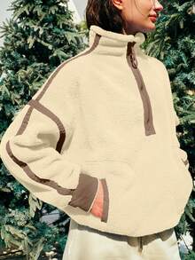 Women's Viral Sherpa Pullover Oversized Half Zip Sweatshirt | Cozy Y2K Winter Loungewear With Pocket Tumbler Fit - 米色 - 查看 3