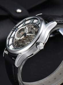 LONGLUX 1 pieza Reloj de hombre con correa impermeable, movimiento mecánico automático hueco, números romanos, regalo para ocasiones especiales - Negro - Ver 7