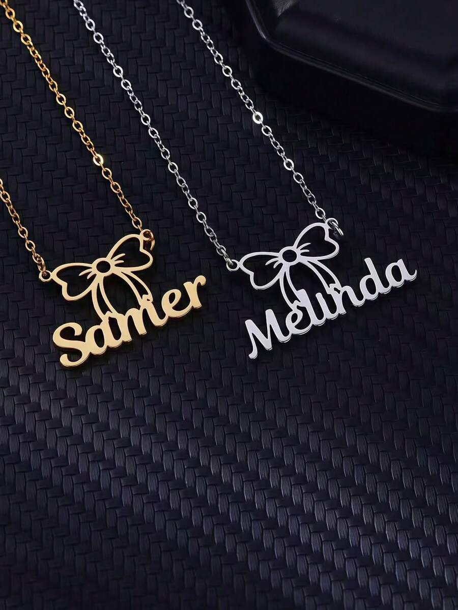Customized Heart-Shaped Bow Name Necklace, Stainless Steel Personalized Bow Pendant Necklace, Birthday Gift, Christmas Gift, The Best Gift For Friends, Family, Girlfriends - Multicolor - View 1