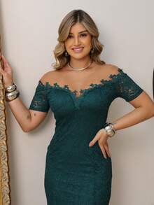 Long Off-The-Shoulder Party Dress In Shiny Lace - Dark Green - View 7