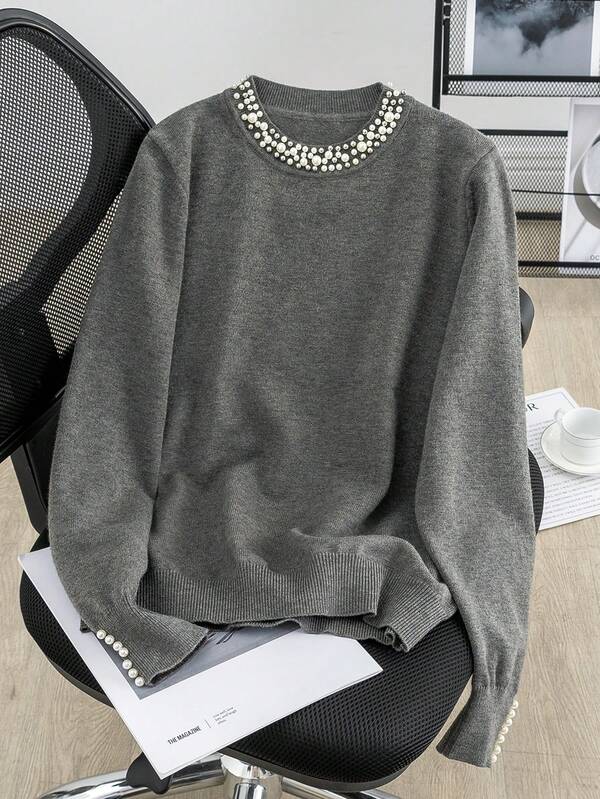 GIGOGOU Fashion Beading Women Autumn Winter Warm Sweater Casual Basic Long Sleeves Knit Top Fall Clothes Chic