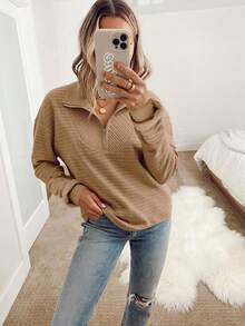 Women's Solid Color Textured Collar Zip Hem Drawstring Sweatshirt, Suitable For Daily Outings, Casual Home, Commuting, Holidays, Parties, Street Photography